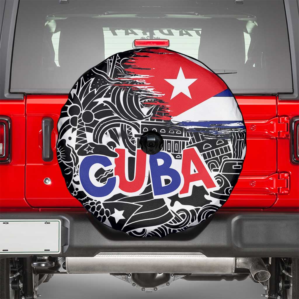 Cuba Flag Spare Tire Cover Black with Red White Blue Patriotic Graphics and Cultural Doodle Design - Wonder Print Shop
