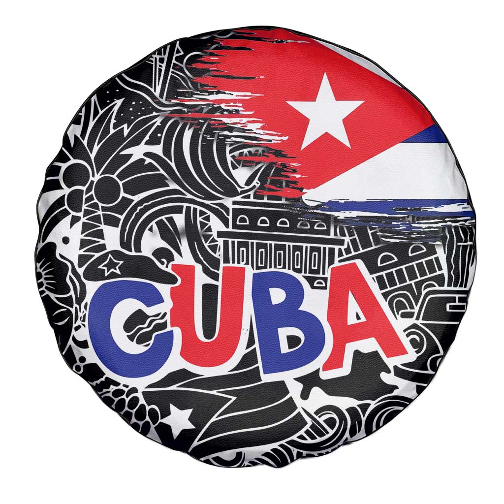 Cuba Flag Spare Tire Cover Black with Red White Blue Patriotic Graphics and Cultural Doodle Design - Wonder Print Shop