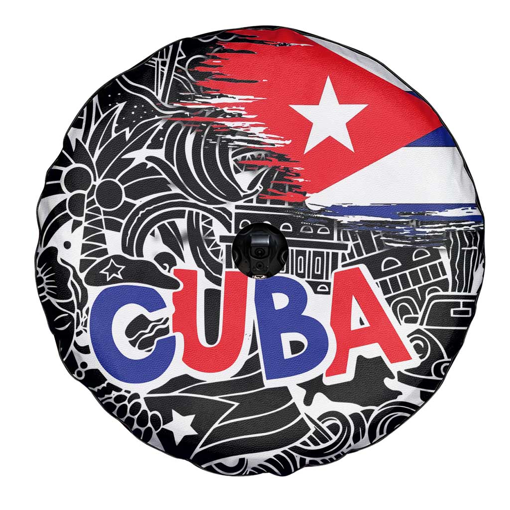 Cuba Flag Spare Tire Cover Black with Red White Blue Patriotic Graphics and Cultural Doodle Design - Wonder Print Shop