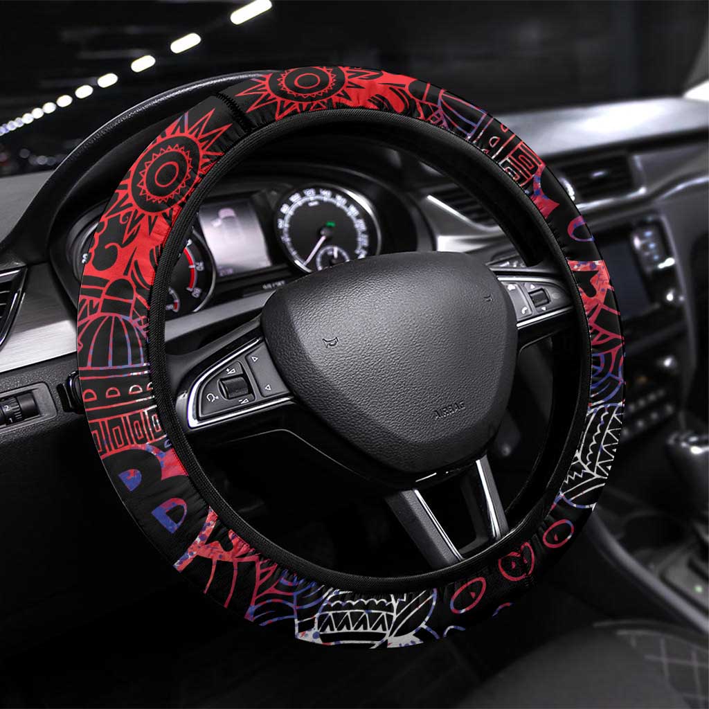 Cuba Flag Steering Wheel Cover Black with Red White Blue Patriotic Graphics and Cultural Doodle Design - Wonder Print Shop