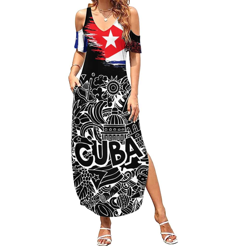 Cuba Flag Summer Maxi Dress Black with Red White Blue Patriotic Graphics and Cultural Doodle Design - Wonder Print Shop