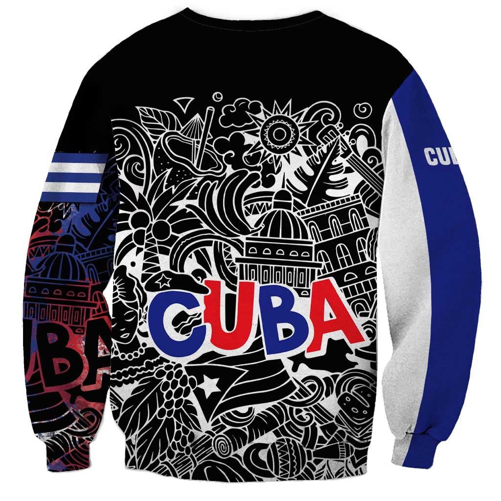 Cuba Flag Sweatshirt Black with Red White Blue Patriotic Graphics and Cultural Doodle Design - Wonder Print Shop