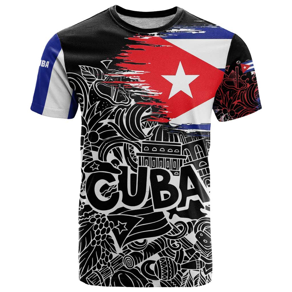 Cuba Flag T Shirt Black with Red White Blue Patriotic Graphics and Cultural Doodle Design - Wonder Print Shop