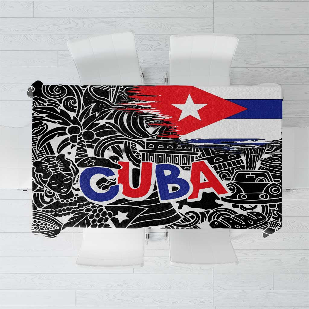 Cuba Flag Tablecloth Black with Red White Blue Patriotic Graphics and Cultural Doodle Design - Wonder Print Shop