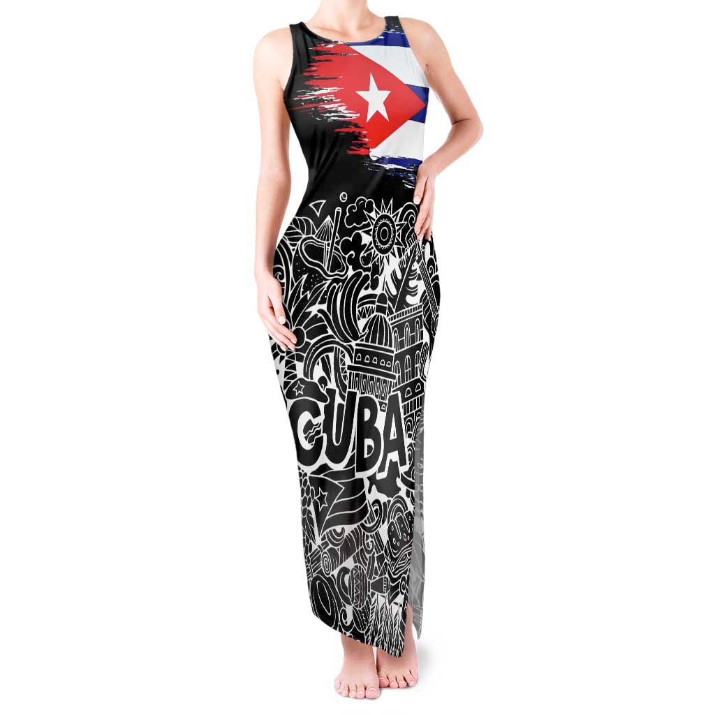 Cuba Flag Tank Maxi Dress Black with Red White Blue Patriotic Graphics and Cultural Doodle Design - Wonder Print Shop