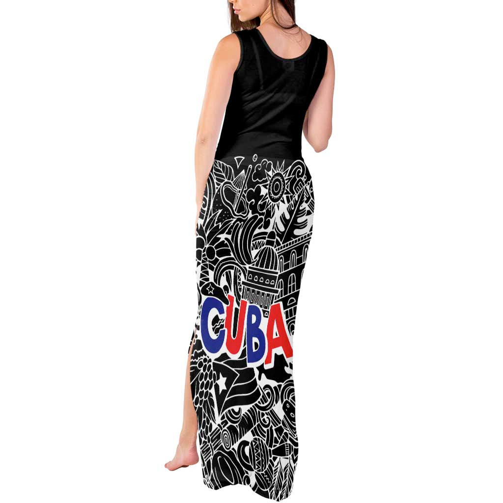Cuba Flag Tank Maxi Dress Black with Red White Blue Patriotic Graphics and Cultural Doodle Design - Wonder Print Shop