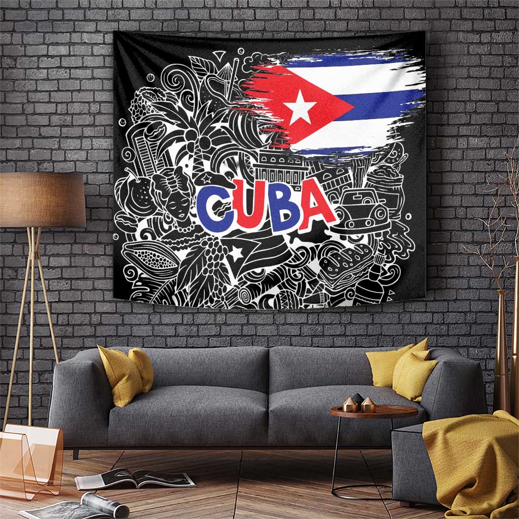 Cuba Flag Tapestry Black with Red White Blue Patriotic Graphics and Cultural Doodle Design - Wonder Print Shop