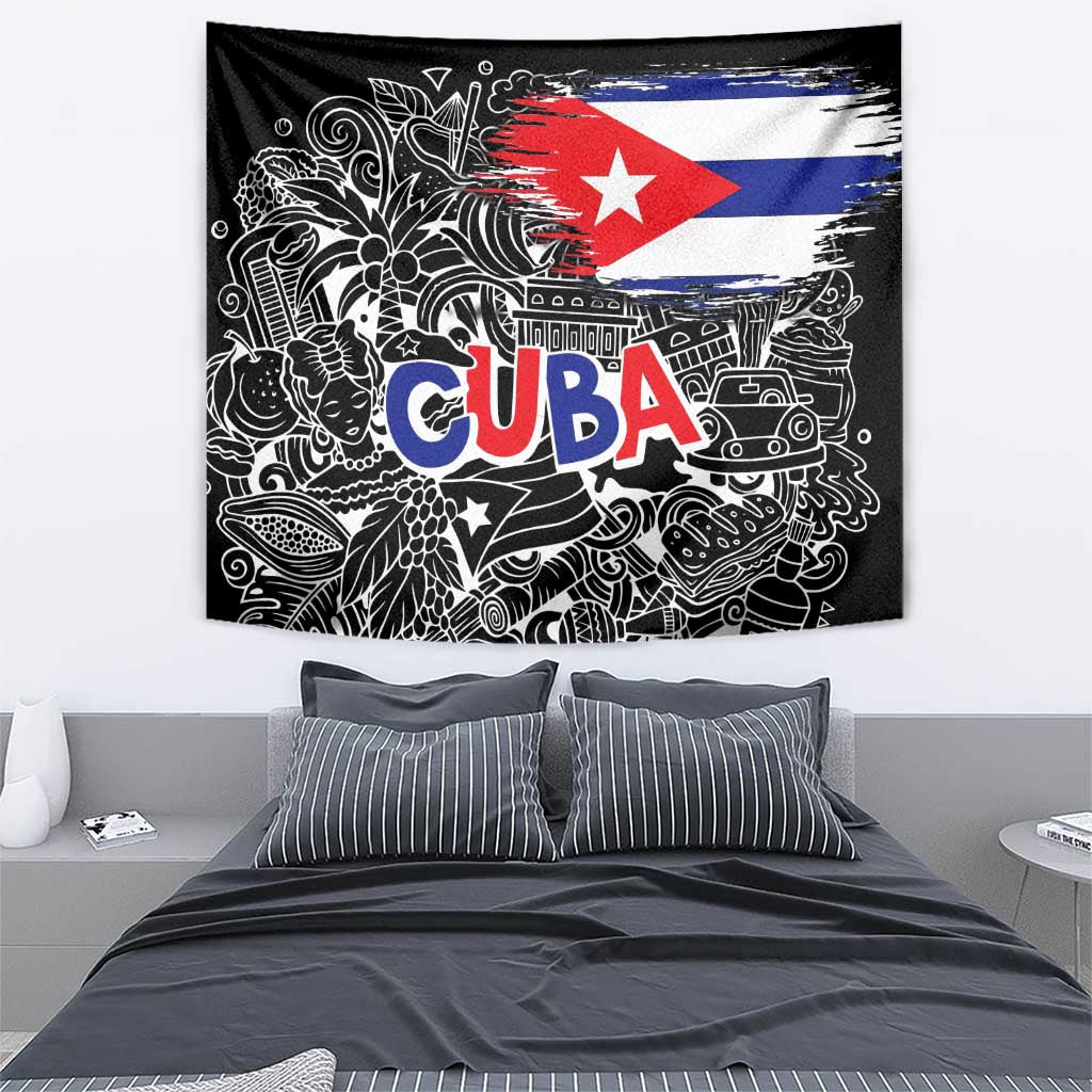 Cuba Flag Tapestry Black with Red White Blue Patriotic Graphics and Cultural Doodle Design - Wonder Print Shop