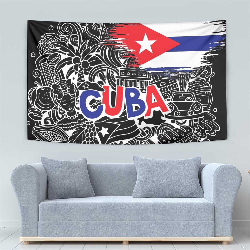 Cuba Flag Tapestry Black with Red White Blue Patriotic Graphics and Cultural Doodle Design - Wonder Print Shop