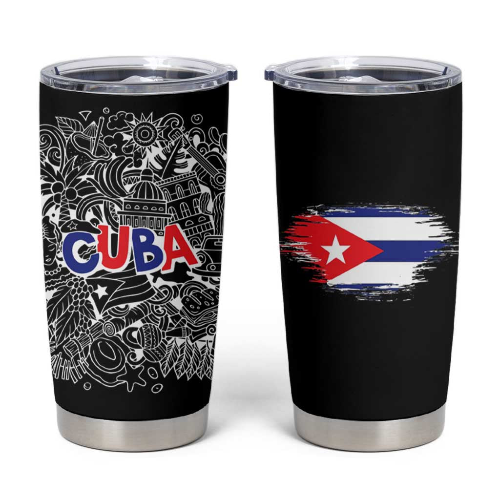 Cuba Flag Tumbler Cup Black with Red White Blue Patriotic Graphics and Cultural Doodle Design - Wonder Print Shop