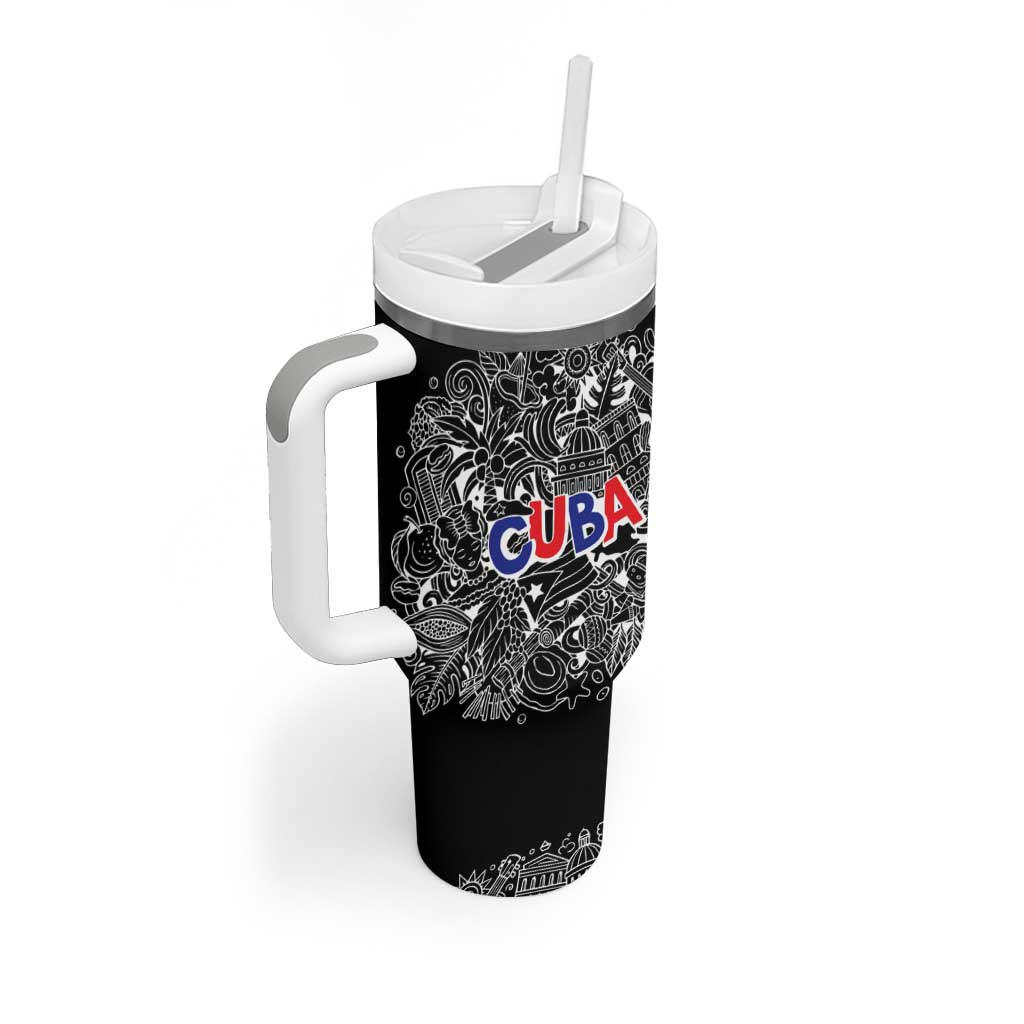 Cuba Flag Tumbler With Handle Black with Red White Blue Patriotic Graphics and Cultural Doodle Design - Wonder Print Shop