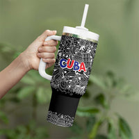 Cuba Flag Tumbler With Handle Black with Red White Blue Patriotic Graphics and Cultural Doodle Design - Wonder Print Shop