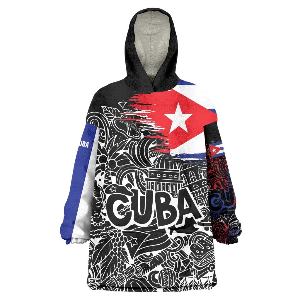 Cuba Flag Wearable Blanket Hoodie Black with Red White Blue Patriotic Graphics and Cultural Doodle Design - Wonder Print Shop