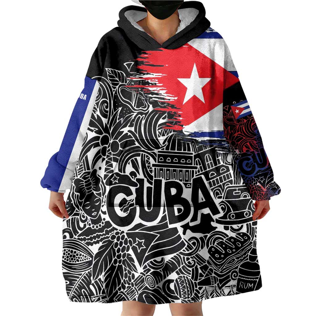 Cuba Flag Wearable Blanket Hoodie Black with Red White Blue Patriotic Graphics and Cultural Doodle Design - Wonder Print Shop