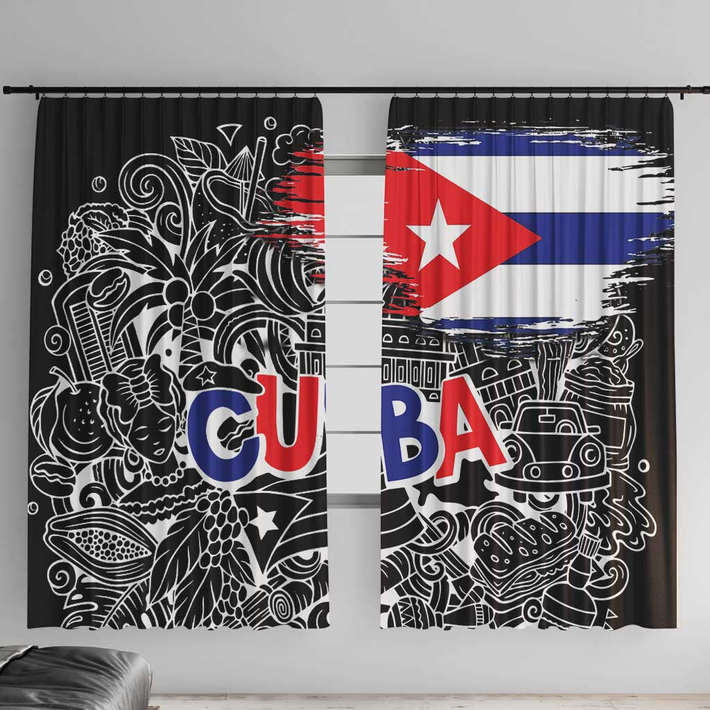 Cuba Flag Window Curtain Black with Red White Blue Patriotic Graphics and Cultural Doodle Design - Wonder Print Shop