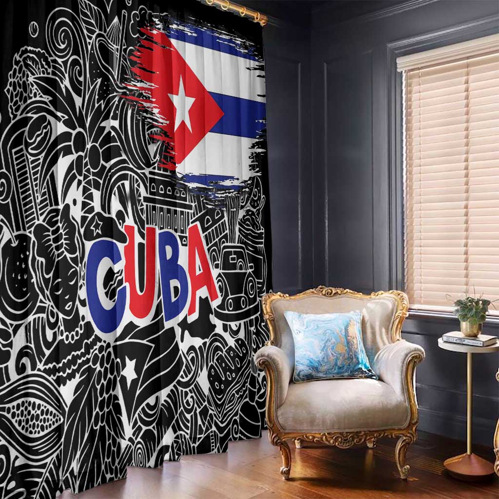 Cuba Flag Window Curtain Black with Red White Blue Patriotic Graphics and Cultural Doodle Design - Wonder Print Shop