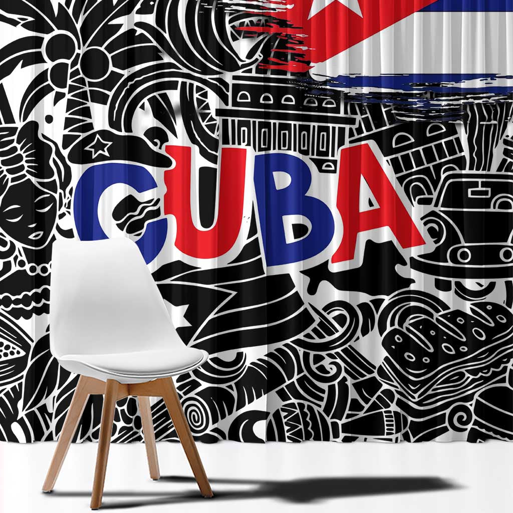 Cuba Flag Window Curtain Black with Red White Blue Patriotic Graphics and Cultural Doodle Design - Wonder Print Shop
