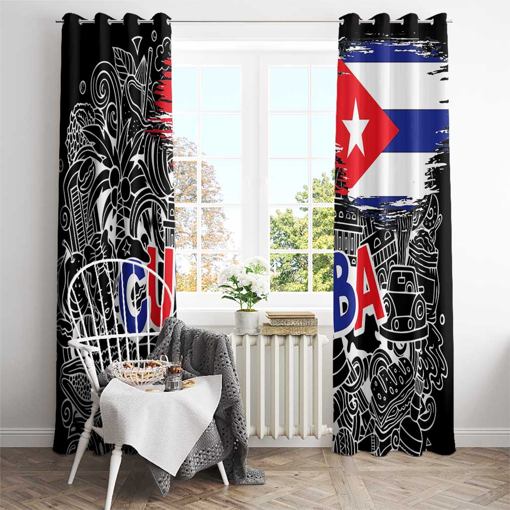 Cuba Flag Window Curtain Black with Red White Blue Patriotic Graphics and Cultural Doodle Design - Wonder Print Shop