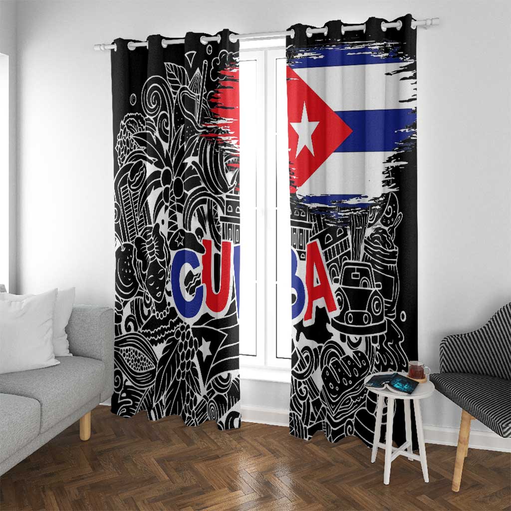 Cuba Flag Window Curtain Black with Red White Blue Patriotic Graphics and Cultural Doodle Design - Wonder Print Shop