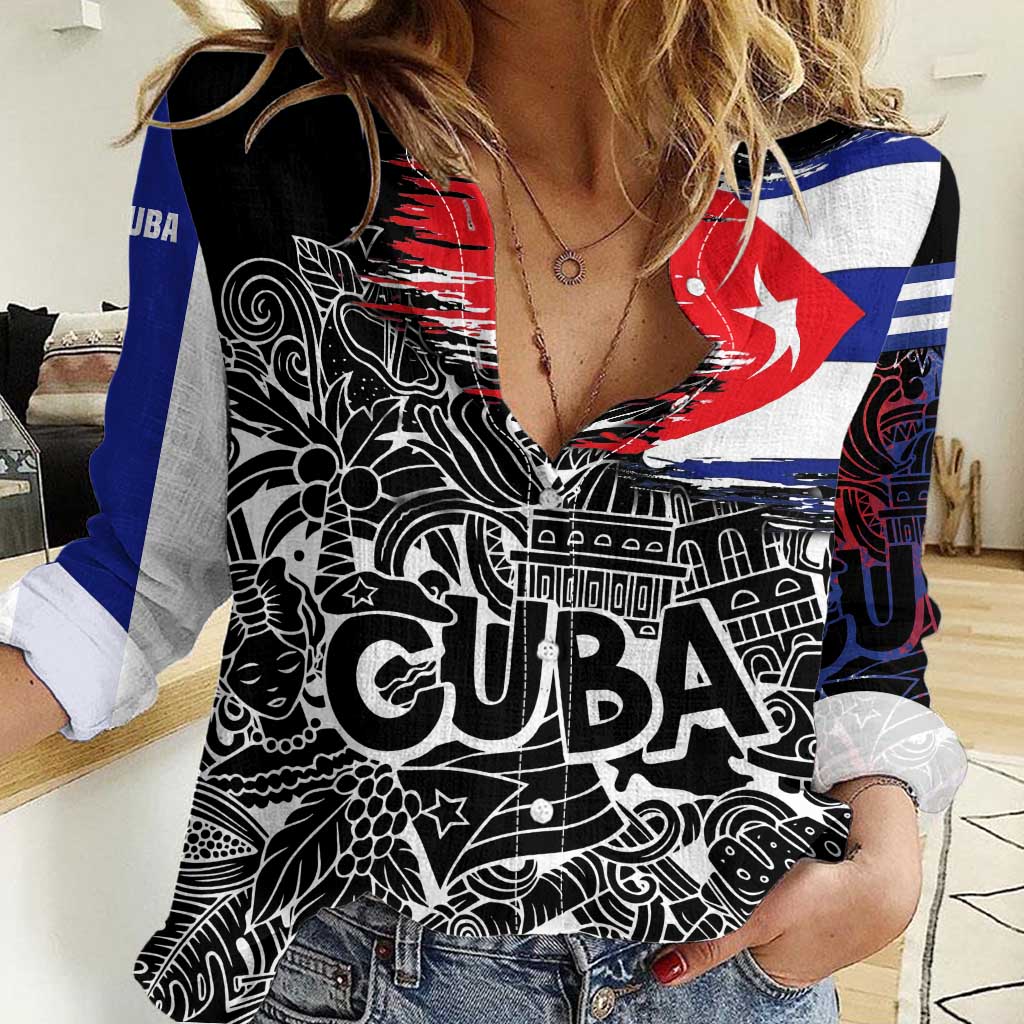 Cuba Flag Women Casual Shirt Black with Red White Blue Patriotic Graphics and Cultural Doodle Design - Wonder Print Shop