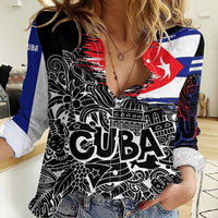 Cuba Flag Women Casual Shirt Black with Red White Blue Patriotic Graphics and Cultural Doodle Design - Wonder Print Shop