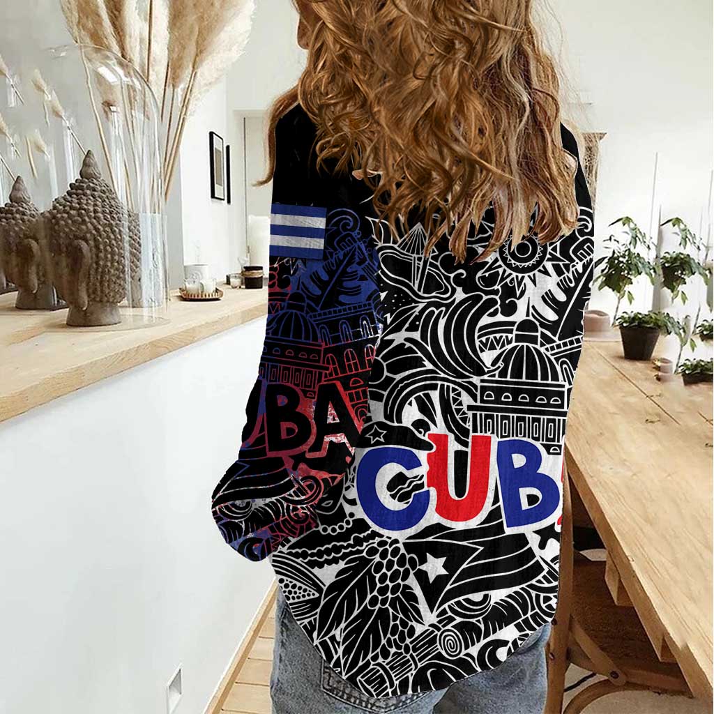 Cuba Flag Women Casual Shirt Black with Red White Blue Patriotic Graphics and Cultural Doodle Design - Wonder Print Shop