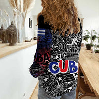 Cuba Flag Women Casual Shirt Black with Red White Blue Patriotic Graphics and Cultural Doodle Design - Wonder Print Shop