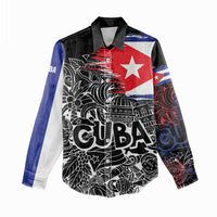 Cuba Flag Women Casual Shirt Black with Red White Blue Patriotic Graphics and Cultural Doodle Design - Wonder Print Shop
