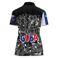 Cuba Flag Women Polo Shirt Black with Red White Blue Patriotic Graphics and Cultural Doodle Design - Wonder Print Shop