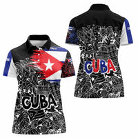 Cuba Flag Women Polo Shirt Black with Red White Blue Patriotic Graphics and Cultural Doodle Design - Wonder Print Shop
