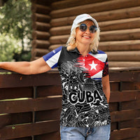 Cuba Flag Women Polo Shirt Black with Red White Blue Patriotic Graphics and Cultural Doodle Design - Wonder Print Shop