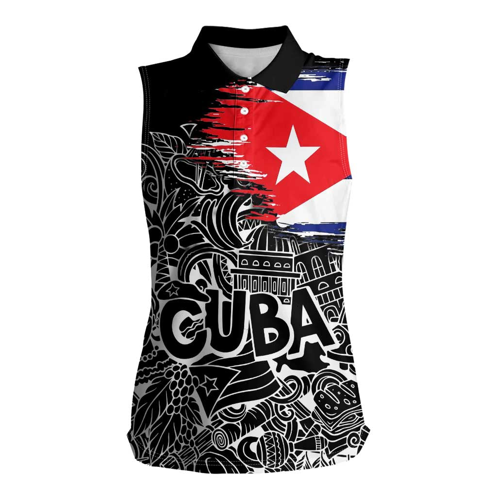Cuba Flag Women Sleeveless Polo Shirt Black with Red White Blue Patriotic Graphics and Cultural Doodle Design - Wonder Print Shop