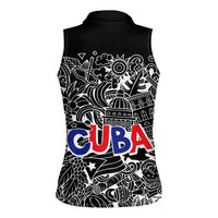 Cuba Flag Women Sleeveless Polo Shirt Black with Red White Blue Patriotic Graphics and Cultural Doodle Design - Wonder Print Shop