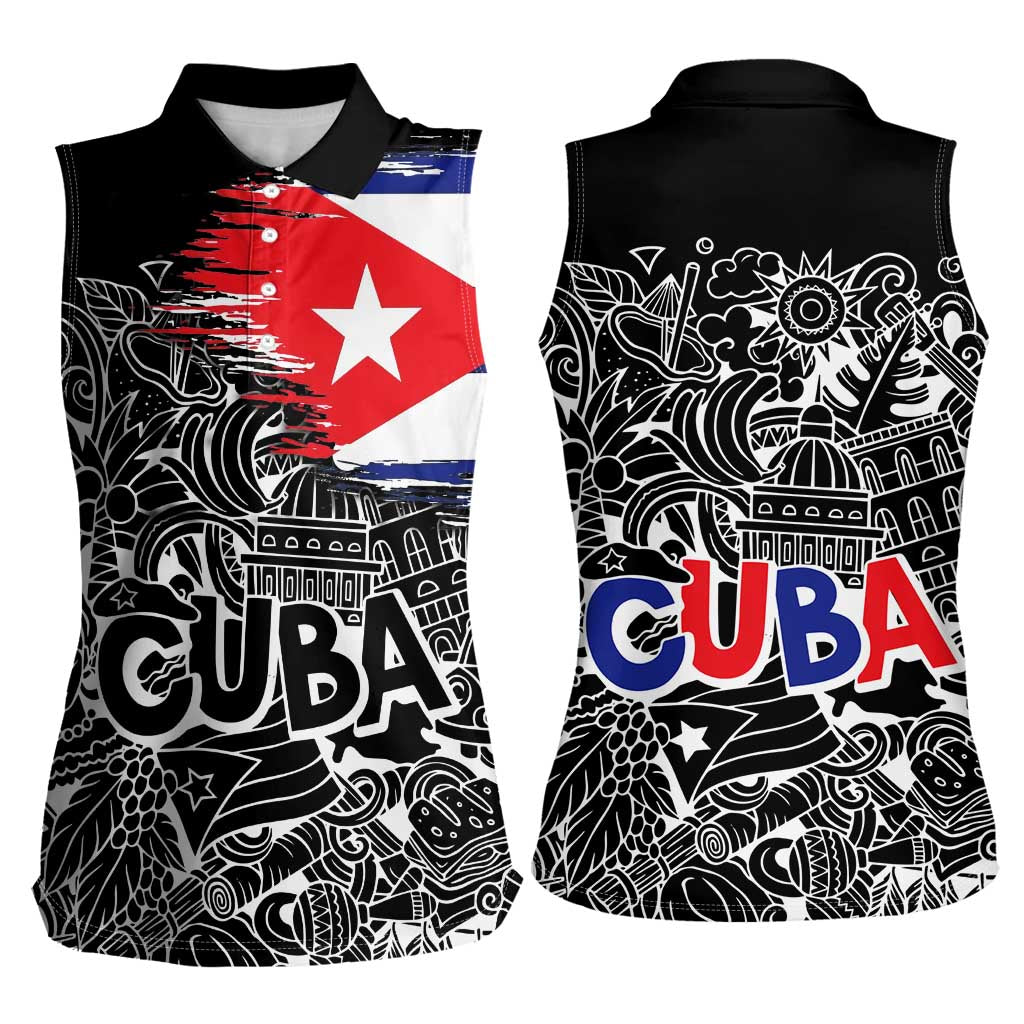 Cuba Flag Women Sleeveless Polo Shirt Black with Red White Blue Patriotic Graphics and Cultural Doodle Design - Wonder Print Shop