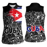 Cuba Flag Women Sleeveless Polo Shirt Black with Red White Blue Patriotic Graphics and Cultural Doodle Design - Wonder Print Shop
