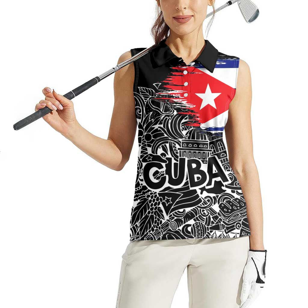 Cuba Flag Women Sleeveless Polo Shirt Black with Red White Blue Patriotic Graphics and Cultural Doodle Design - Wonder Print Shop