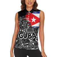 Cuba Flag Women Sleeveless Polo Shirt Black with Red White Blue Patriotic Graphics and Cultural Doodle Design - Wonder Print Shop