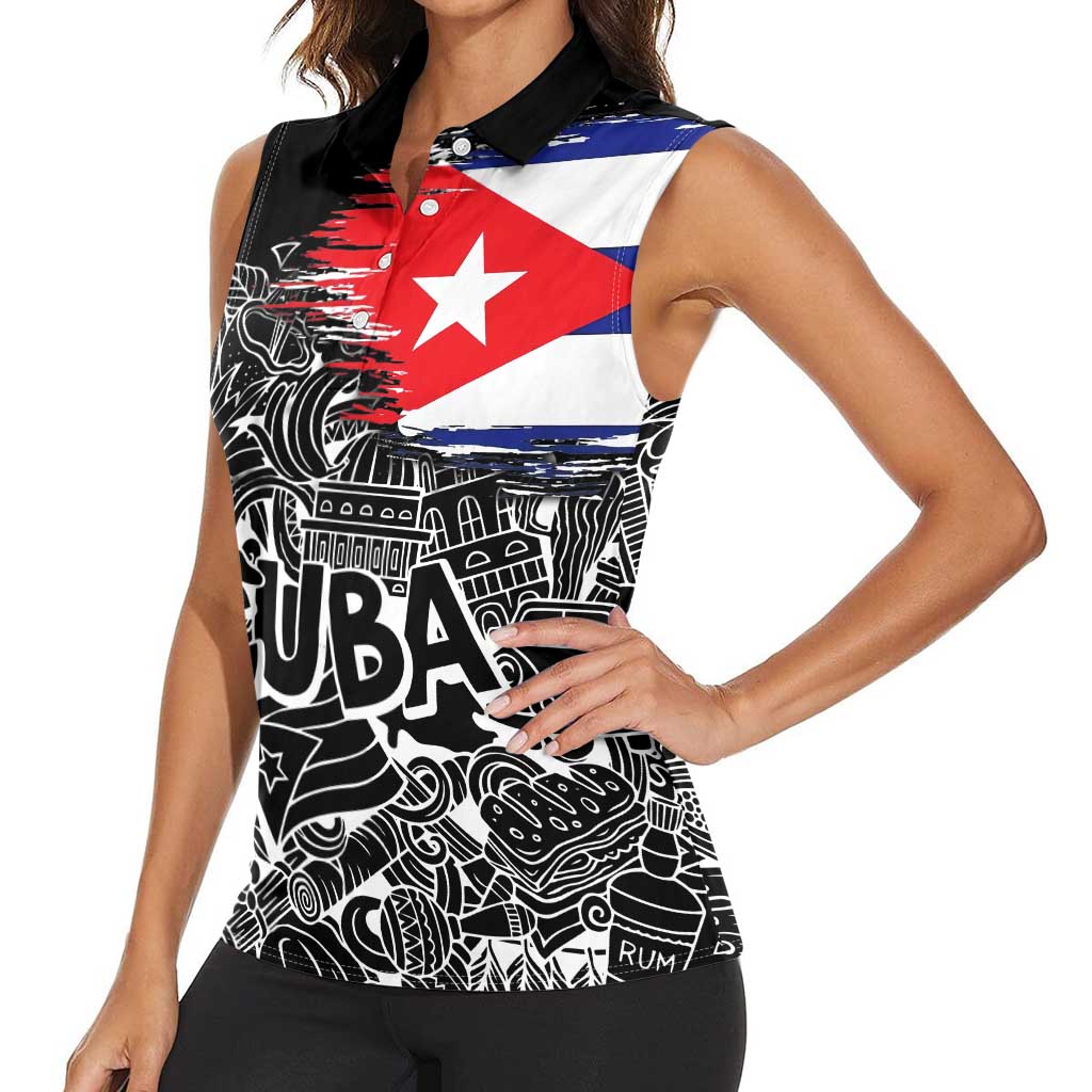 Cuba Flag Women Sleeveless Polo Shirt Black with Red White Blue Patriotic Graphics and Cultural Doodle Design - Wonder Print Shop
