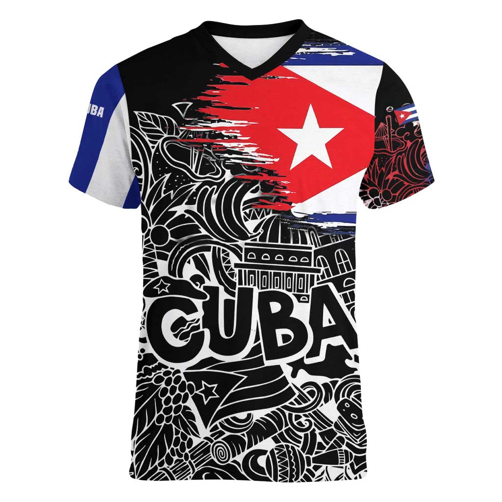 Cuba Flag Women V-Neck T-Shirt Black with Red White Blue Patriotic Graphics and Cultural Doodle Design - Wonder Print Shop