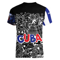 Cuba Flag Women V-Neck T-Shirt Black with Red White Blue Patriotic Graphics and Cultural Doodle Design - Wonder Print Shop