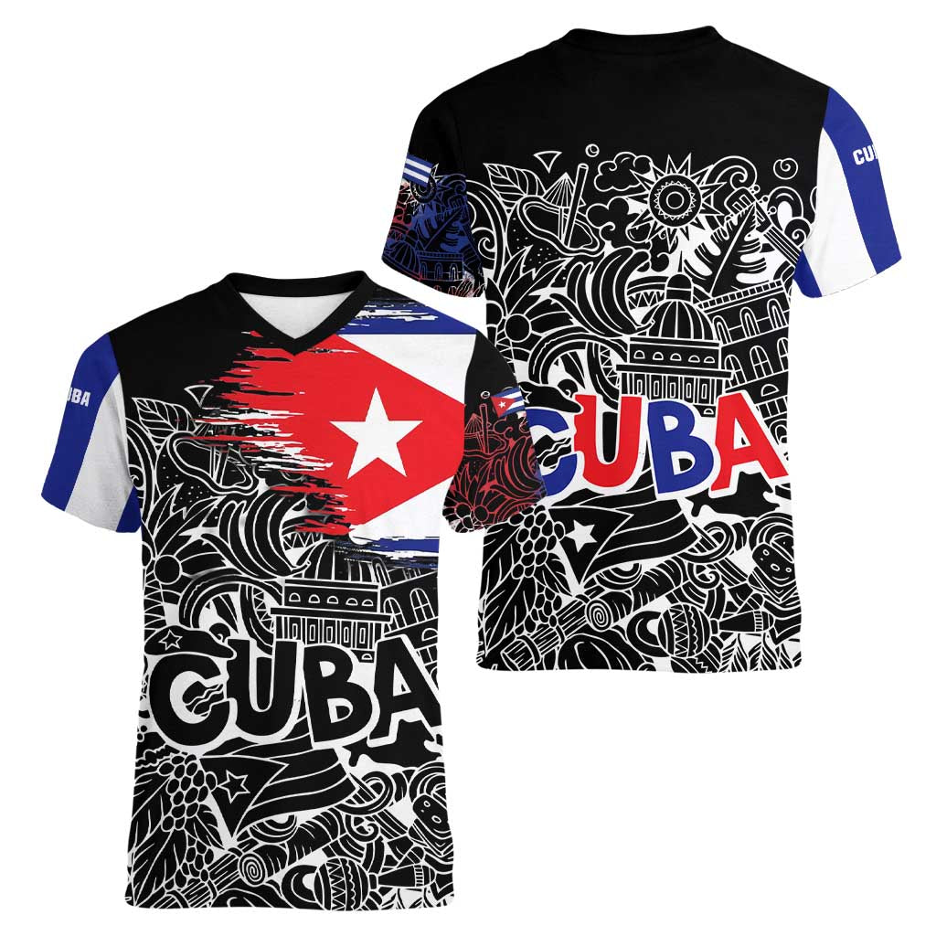 Cuba Flag Women V-Neck T-Shirt Black with Red White Blue Patriotic Graphics and Cultural Doodle Design - Wonder Print Shop