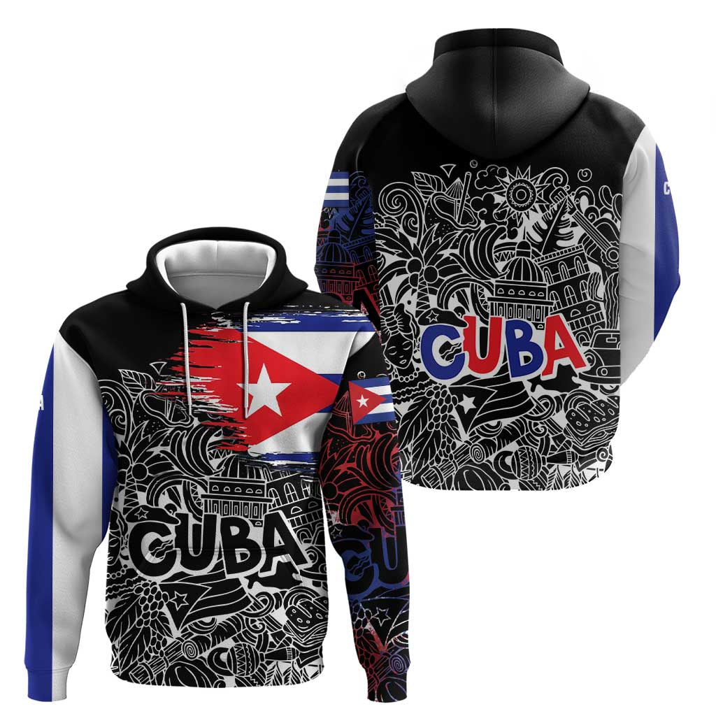 Cuba Flag Zip Hoodie Black with Red White Blue Patriotic Graphics and Cultural Doodle Design - Wonder Print Shop