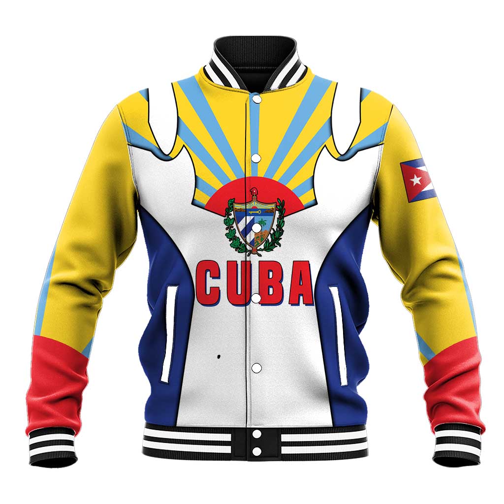 Cuba Coat of Arms Baseball Jacket Colorful Cuban Flag Shield with Red Yellow Blue Patriotic Design - Wonder Print Shop