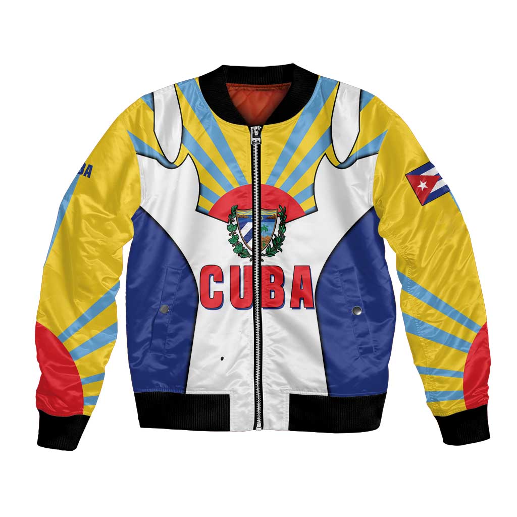 Cuba Coat of Arms Bomber Jacket Colorful Cuban Flag Shield with Red Yellow Blue Patriotic Design - Wonder Print Shop