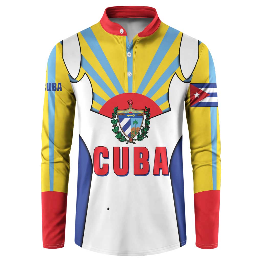 Cuba Coat of Arms Button Sweatshirt Colorful Cuban Flag Shield with Red Yellow Blue Patriotic Design - Wonder Print Shop
