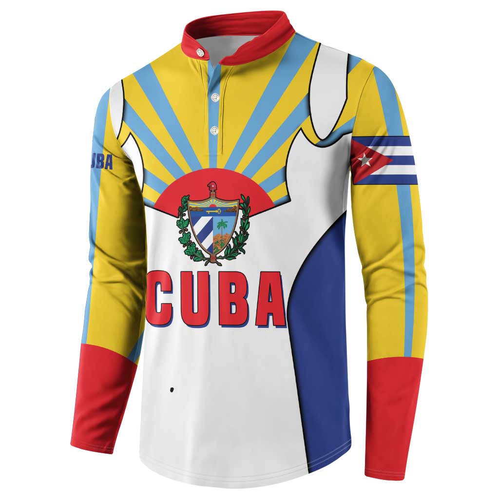 Cuba Coat of Arms Button Sweatshirt Colorful Cuban Flag Shield with Red Yellow Blue Patriotic Design - Wonder Print Shop