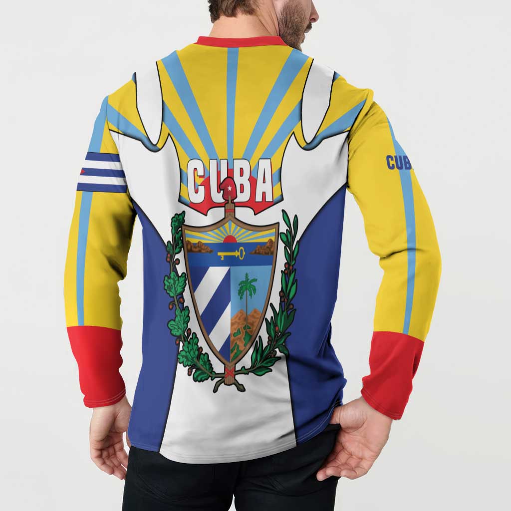 Cuba Coat of Arms Button Sweatshirt Colorful Cuban Flag Shield with Red Yellow Blue Patriotic Design - Wonder Print Shop