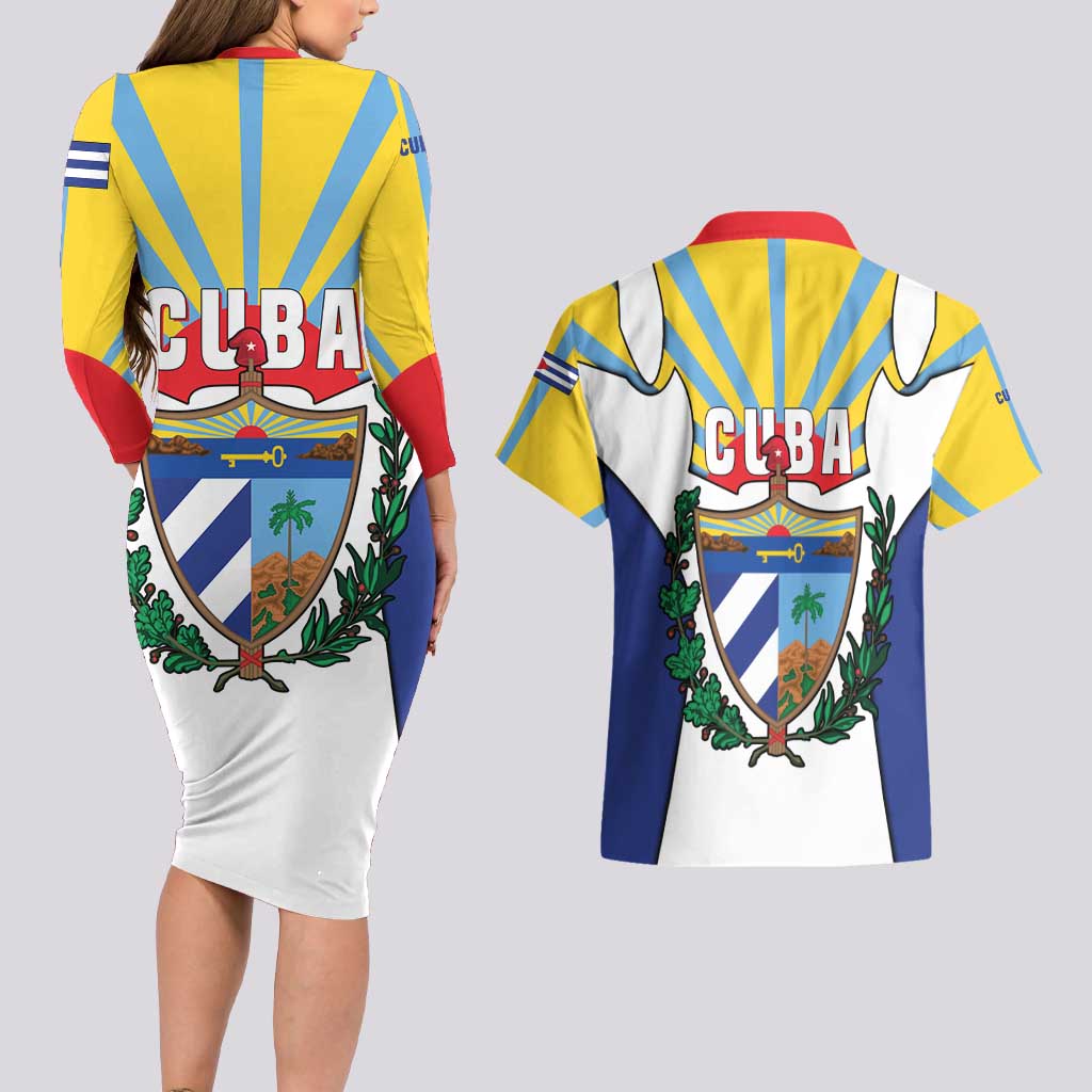 Cuba Coat of Arms Couples Matching Long Sleeve Bodycon Dress and Hawaiian Shirt Colorful Cuban Flag Shield with Red Yellow Blue Patriotic Design - Wonder Print Shop