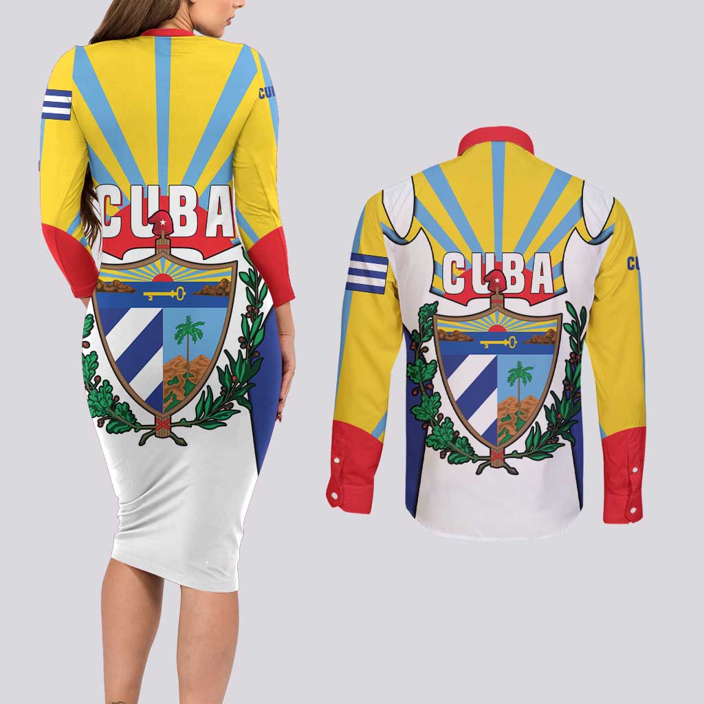 Cuba Coat of Arms Couples Matching Long Sleeve Bodycon Dress and Long Sleeve Button Shirt Colorful Cuban Flag Shield with Red Yellow Blue Patriotic Design - Wonder Print Shop