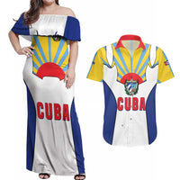 Cuba Coat of Arms Couples Matching Off Shoulder Maxi Dress and Hawaiian Shirt Colorful Cuban Flag Shield with Red Yellow Blue Patriotic Design - Wonder Print Shop